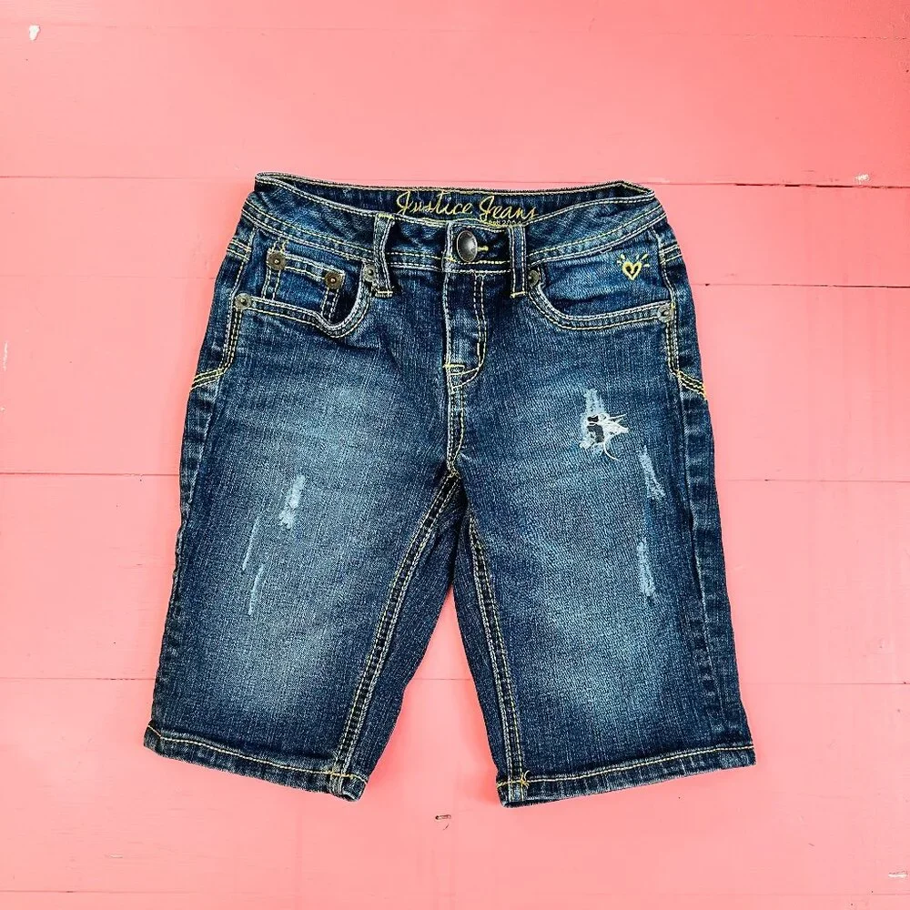 Justice Girls Denim Bermuda Shorts Size 7 Distressed Jean Shorts Dark Wash